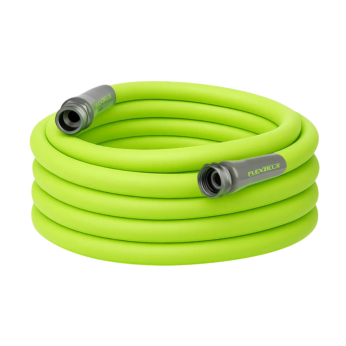Coiled Flexzilla 5/8-inch hybrid polymer hose with green SwivelGrip fittings